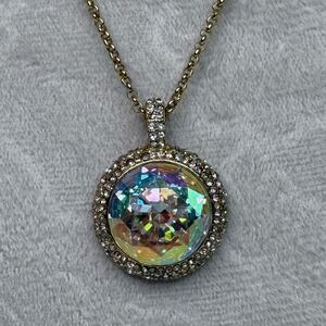 Stunning New Kate Spade Round AB Crystal Pave Pendant with Gold Chain Necklace